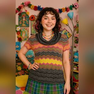 VTG Wet Paint Cowl Neck Sweater L Sleeveless Chevron Grey Orange Cluttercore